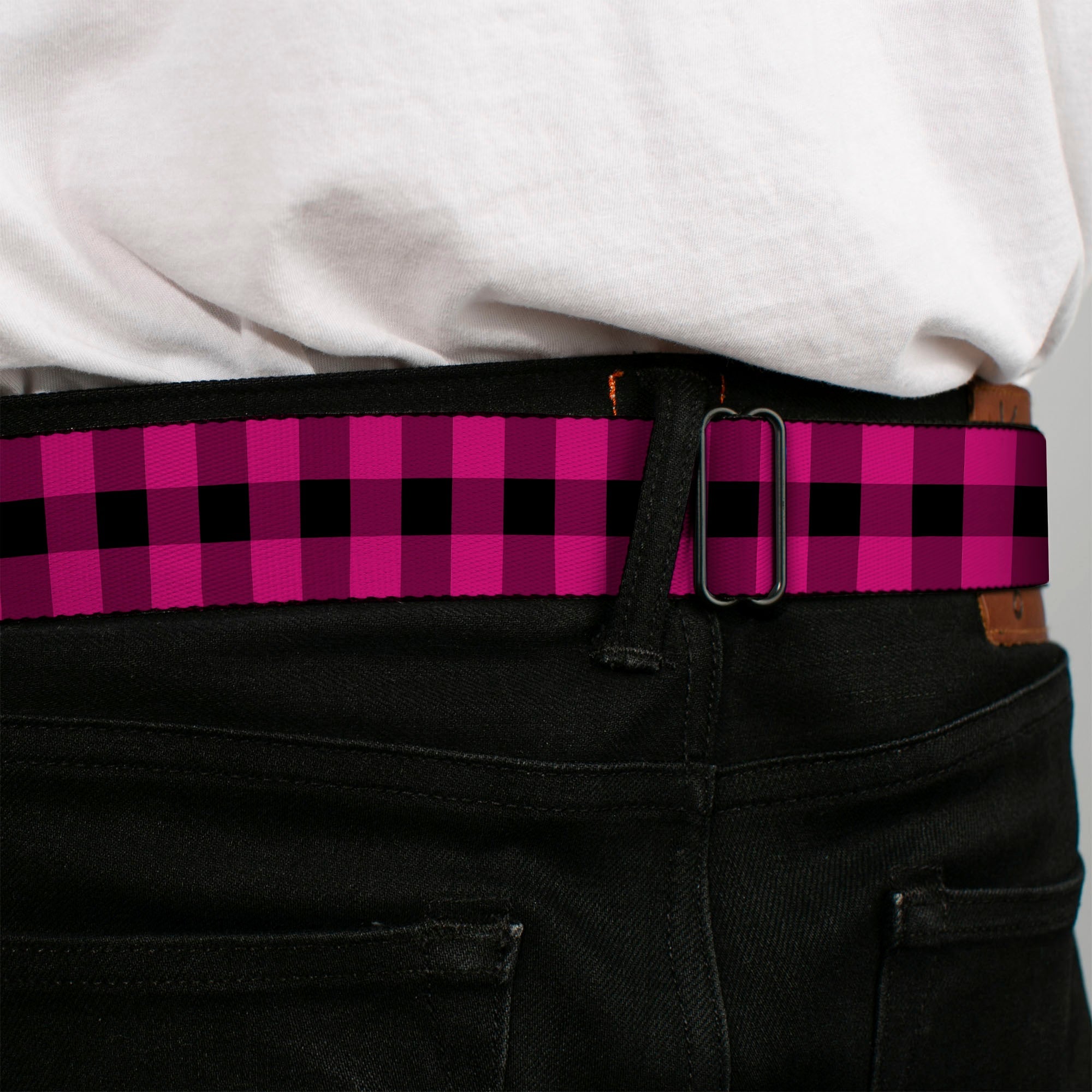 BD Wings Logo CLOSE-UP Full Color Black Silver Seatbelt Belt - Buffalo Plaid Black/Fuchsia Webbing