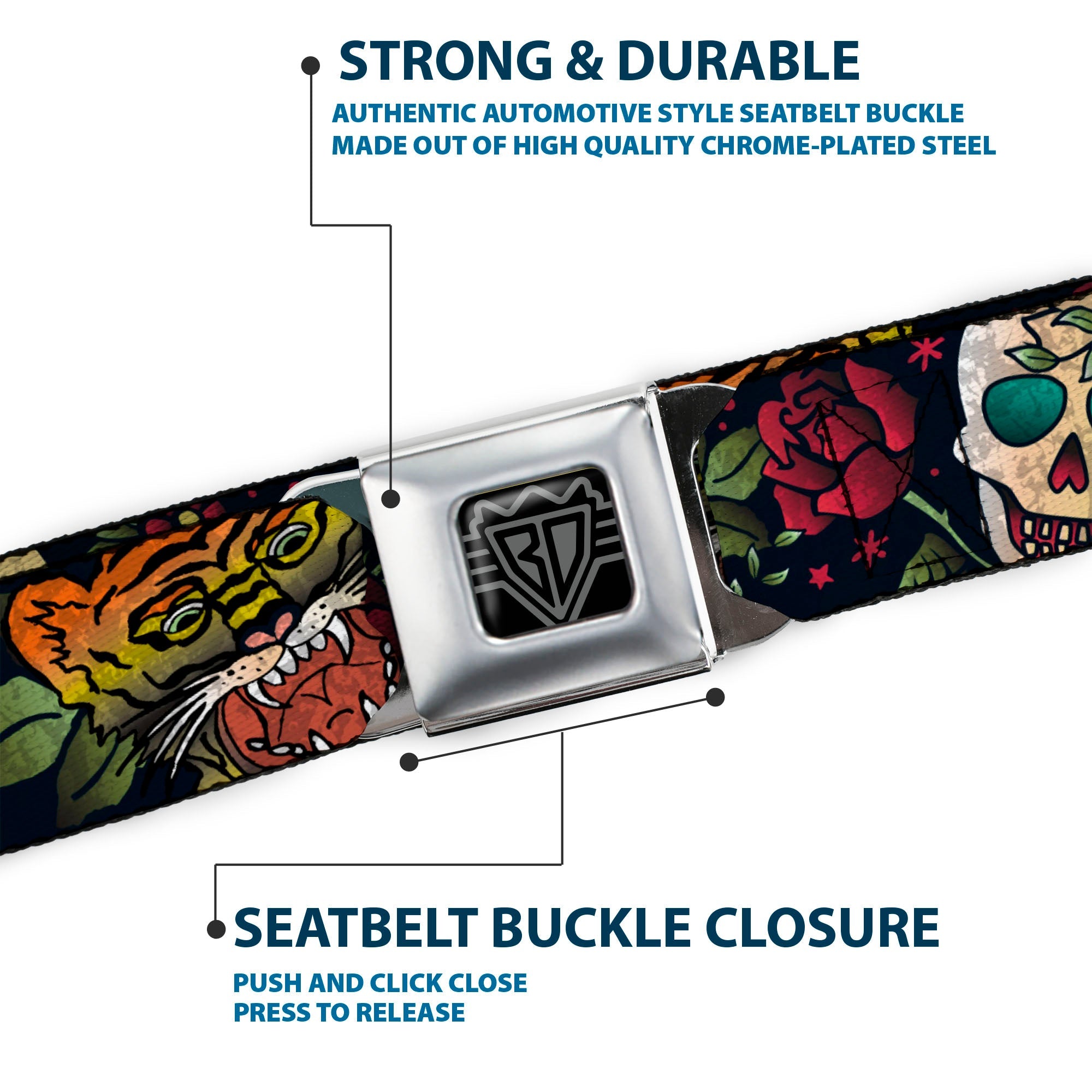 BD Wings Logo CLOSE-UP Full Color Black Silver Seatbelt Belt - Death Before Dishonor CLOSE-UP Black Webbing