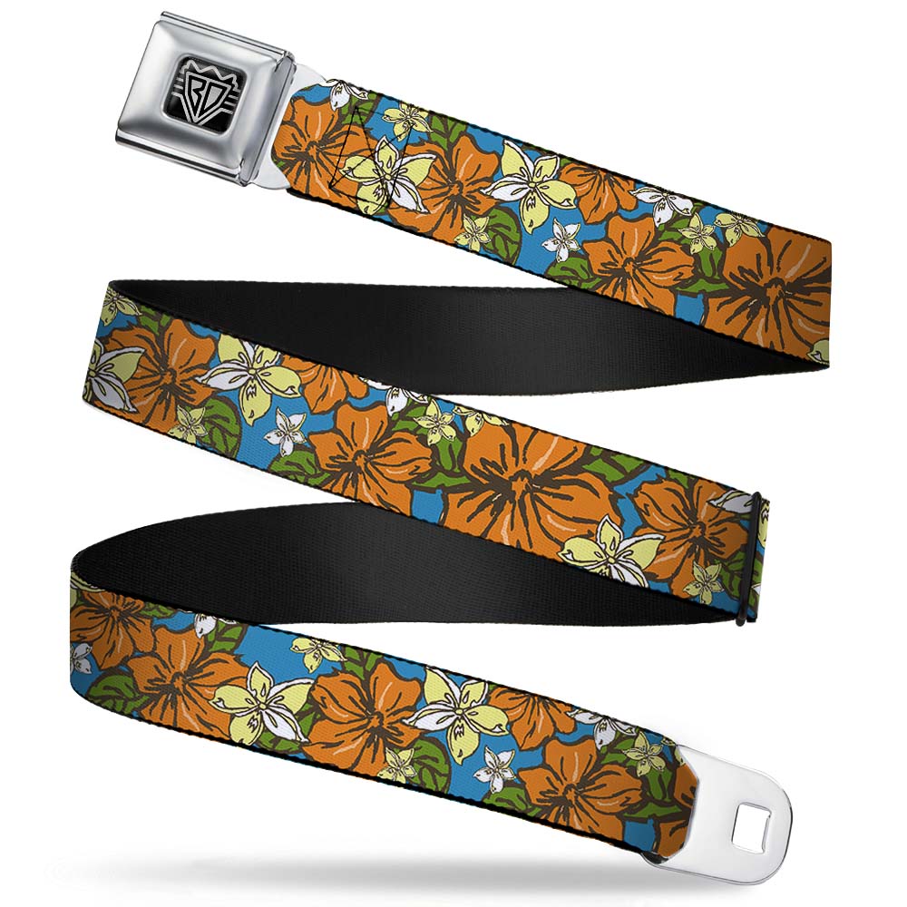 BD Wings Logo CLOSE-UP Full Color Black Silver Seatbelt Belt - Hibiscus Collage Blue/Orange/Yellow Webbing