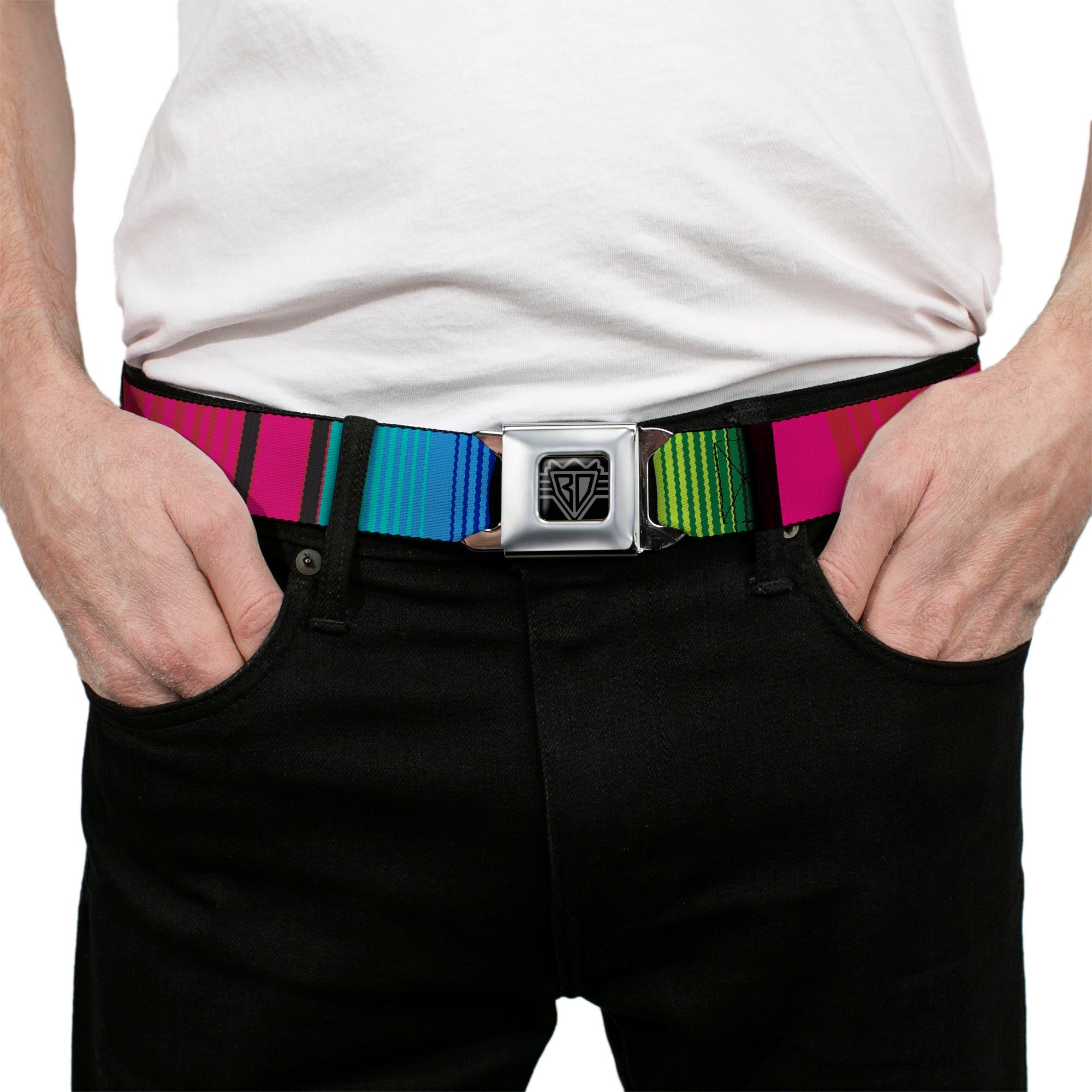 BD Wings Logo CLOSE-UP Full Color Black Silver Seatbelt Belt - Zarape7 Vertical Pinks/Blues/Greens/Black Webbing