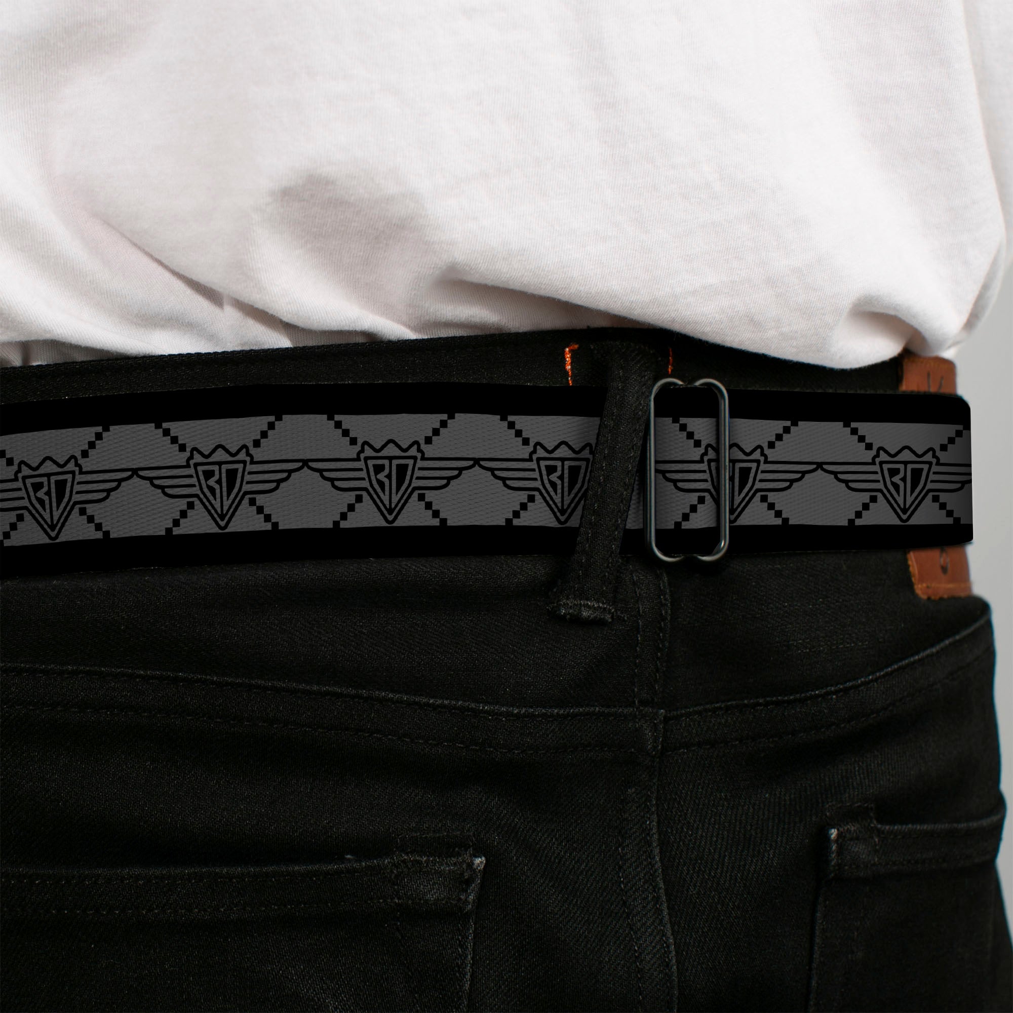 BD Wings Logo CLOSE-UP Full Color Black Silver Seatbelt Belt - BD Monogram2 Gray/Black Webbing