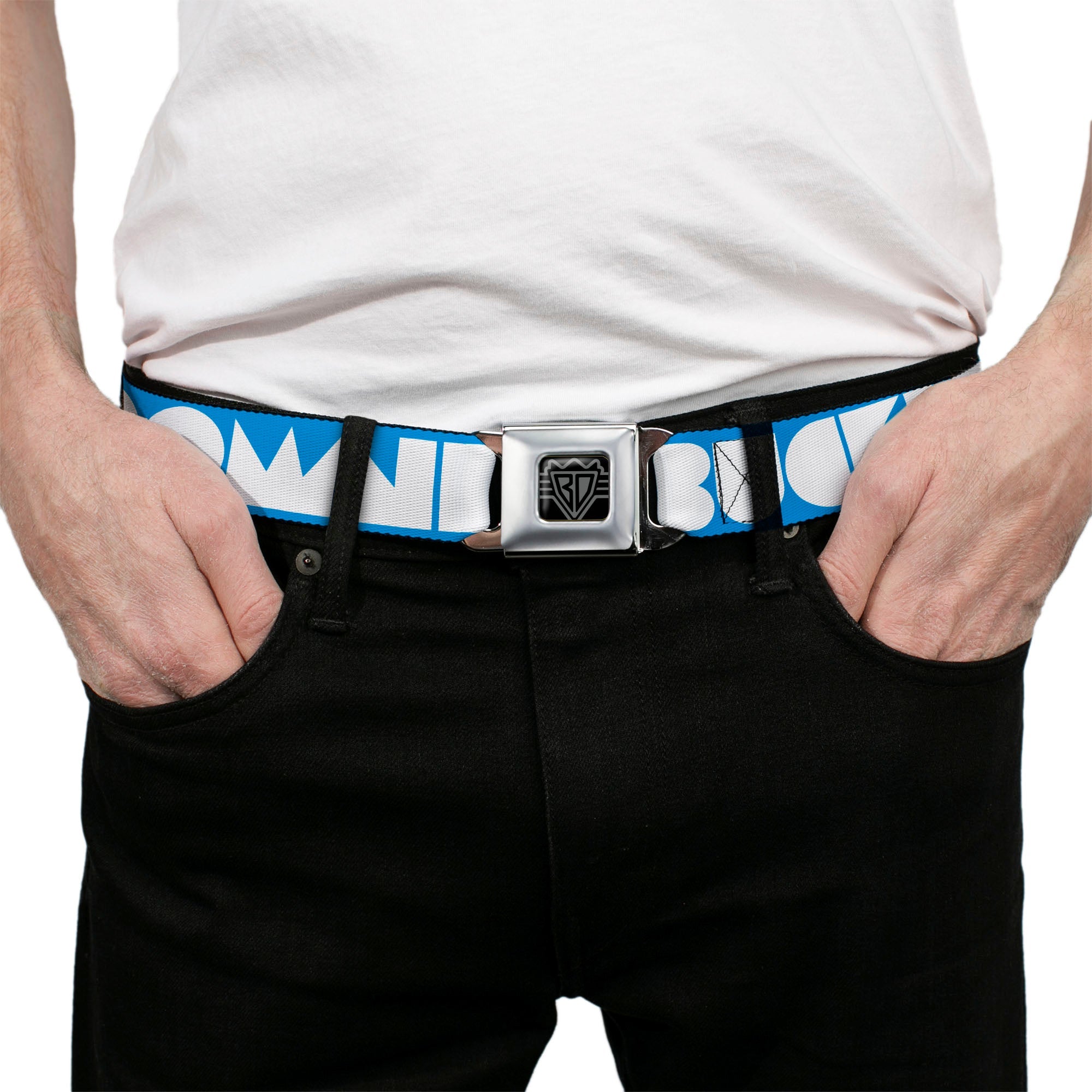 BD Wings Logo CLOSE-UP Full Color Black Silver Seatbelt Belt - BUCKLE-DOWN Shapes Turquoise/White Webbing