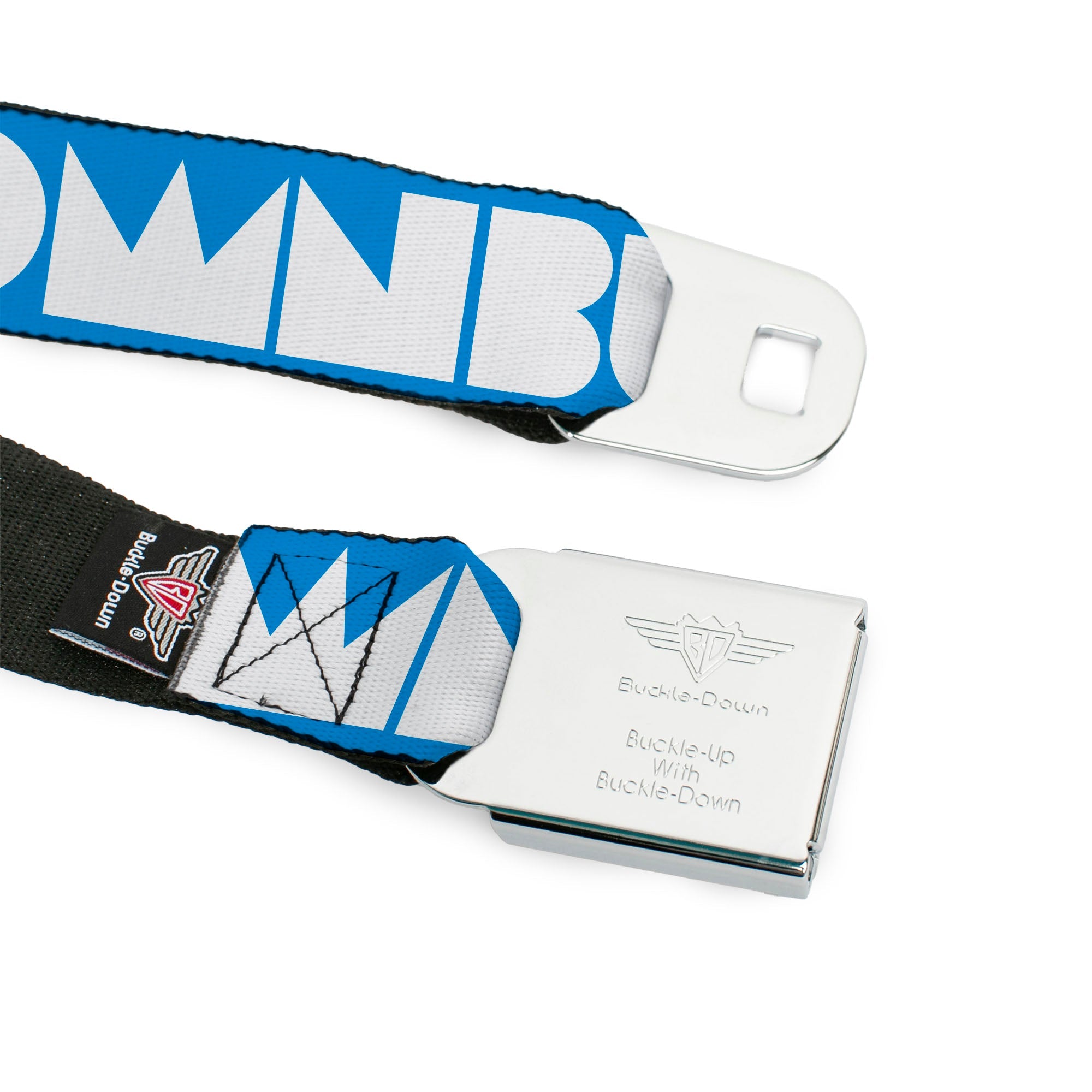 BD Wings Logo CLOSE-UP Full Color Black Silver Seatbelt Belt - BUCKLE-DOWN Shapes Turquoise/White Webbing