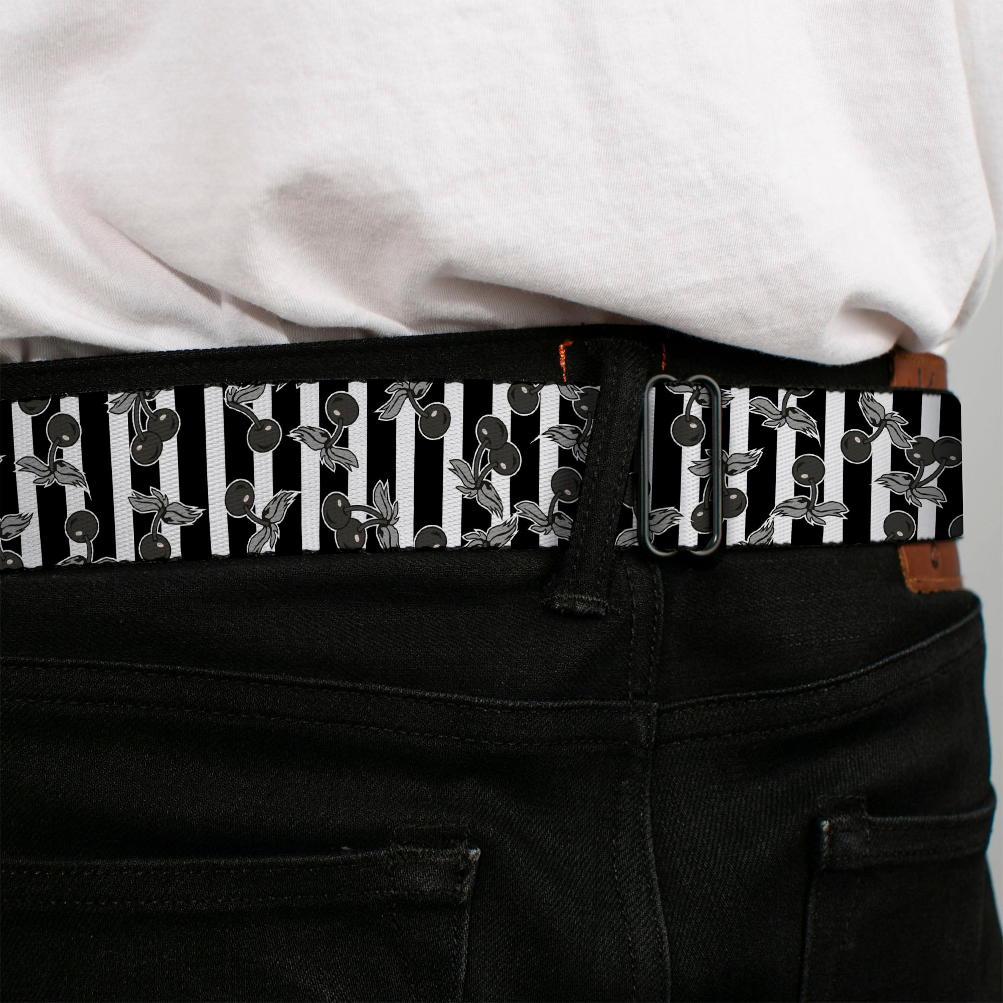 BD Wings Logo CLOSE-UP Full Color Black Silver Seatbelt Belt - Cherries Scattered/Vertical Stripe White/Black/Grays Webbing