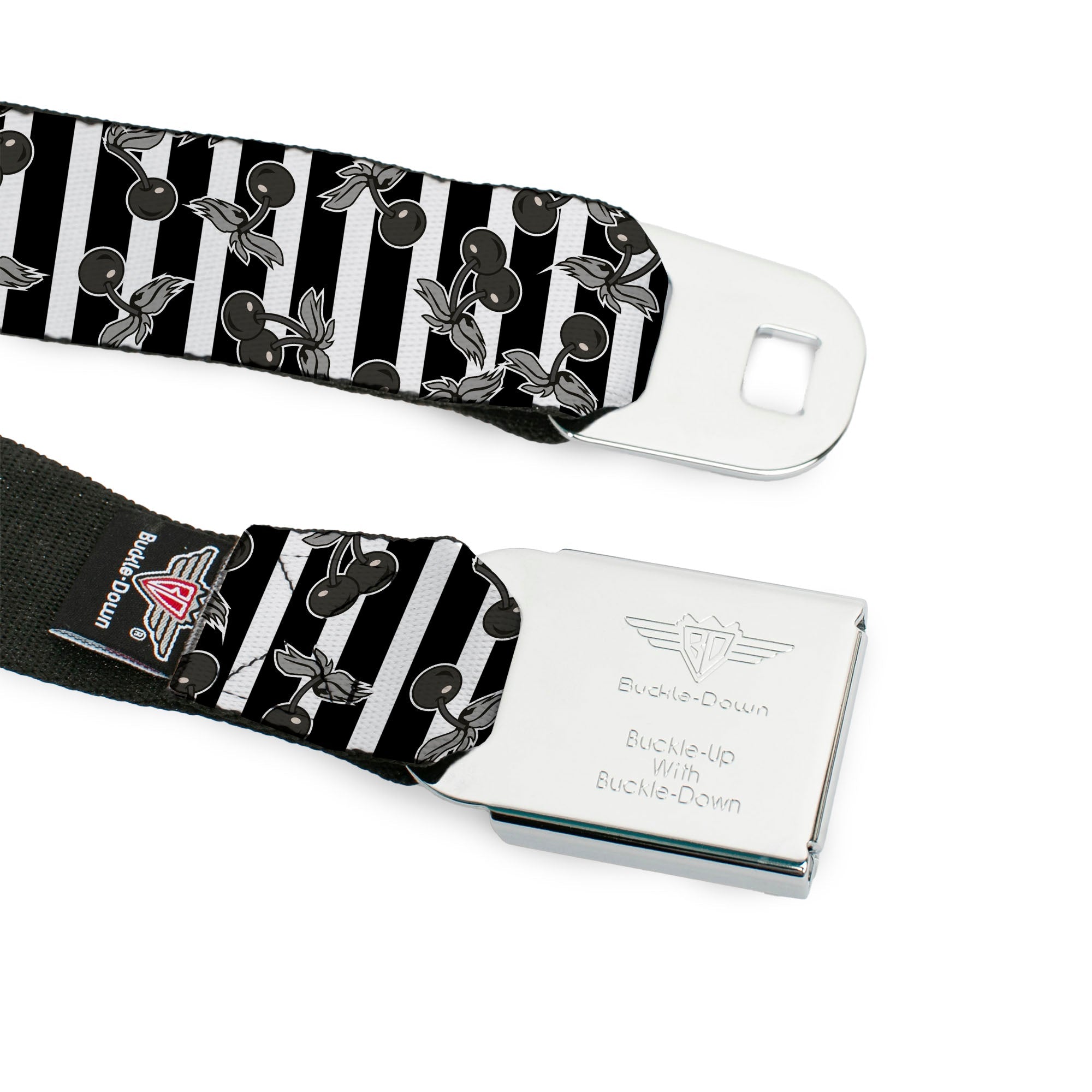 BD Wings Logo CLOSE-UP Full Color Black Silver Seatbelt Belt - Cherries Scattered/Vertical Stripe White/Black/Grays Webbing