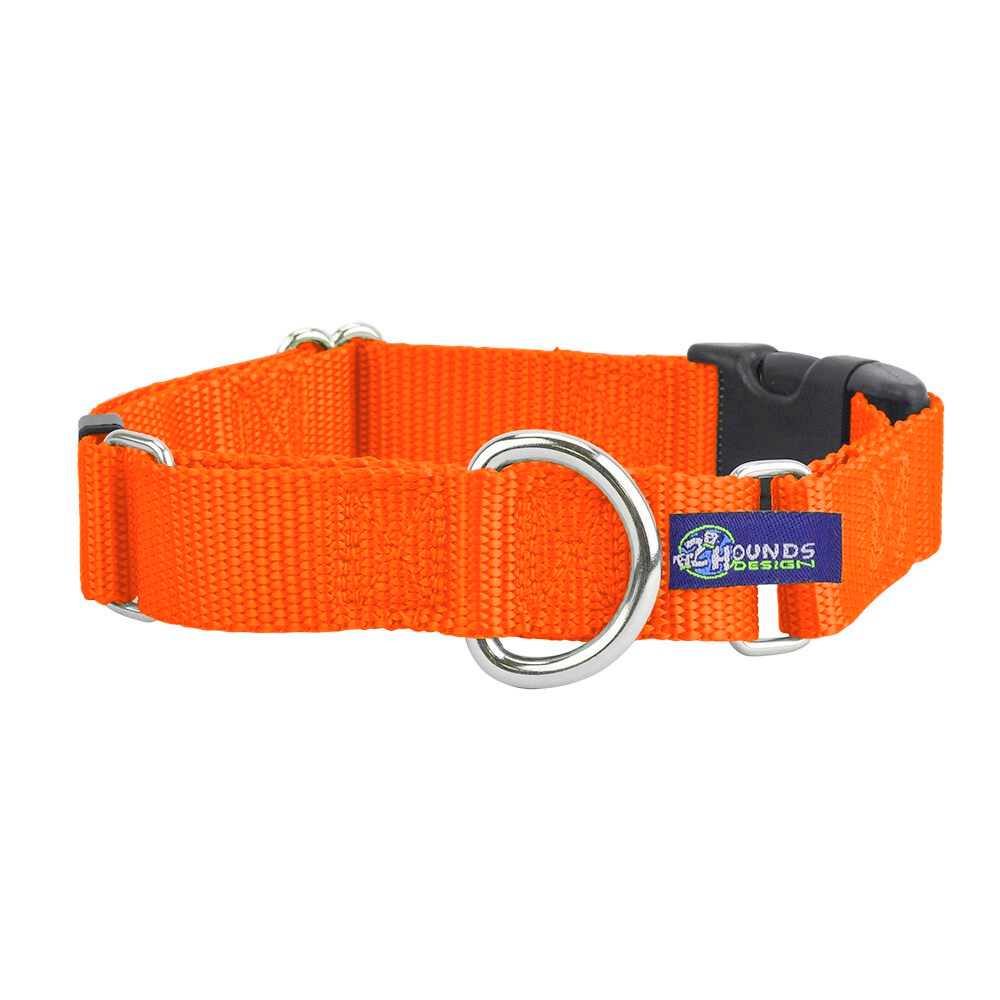 5/8″ and 1″ Neon Orange Nylon Buckle Martingale Dog Collar