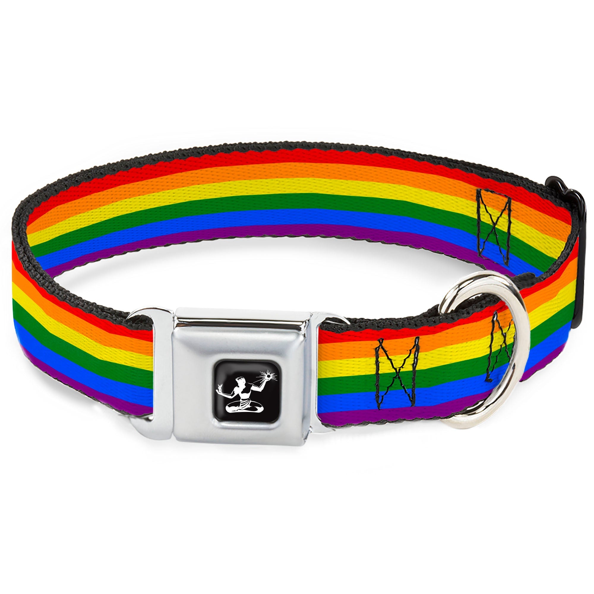 Spirit of Detroit Logo Full Color Black/White Seatbelt Buckle Collar - Flag Pride Rainbow