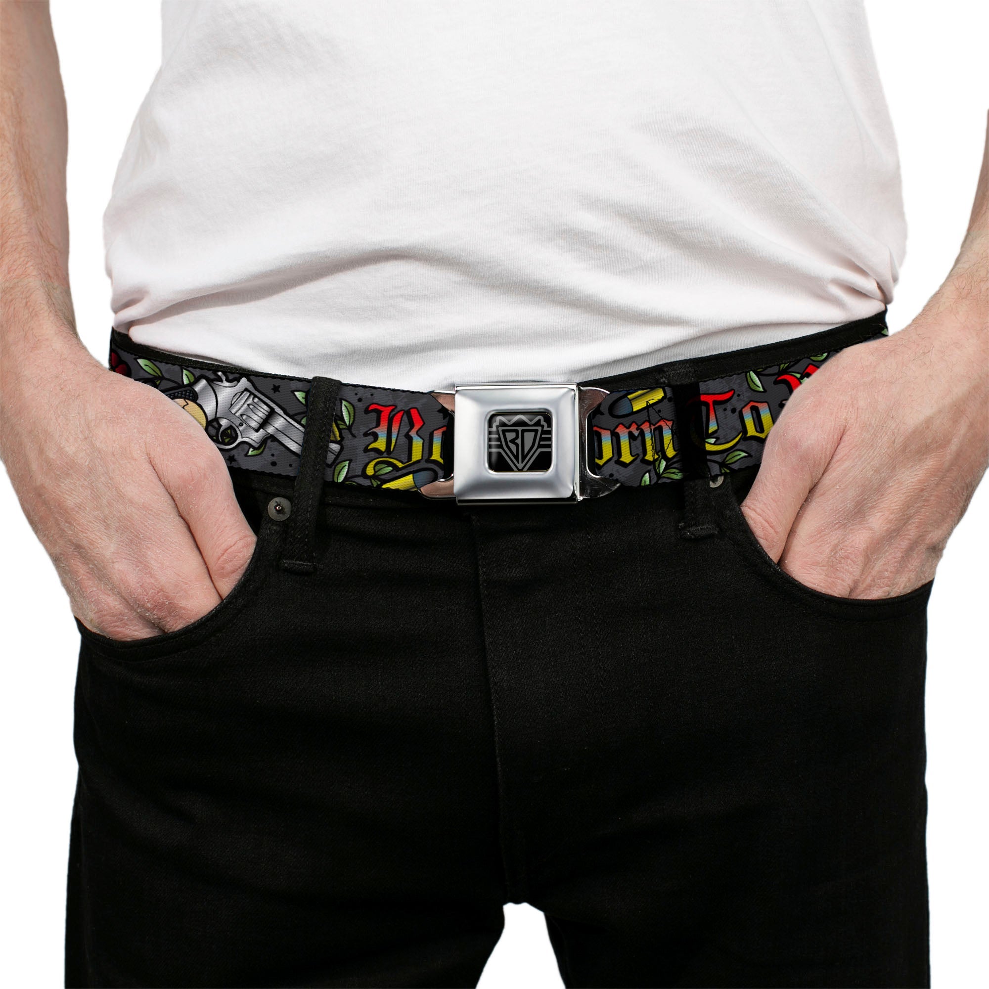 BD Wings Logo CLOSE-UP Full Color Black Silver Seatbelt Belt - Born to Raise Hell Gray Webbing