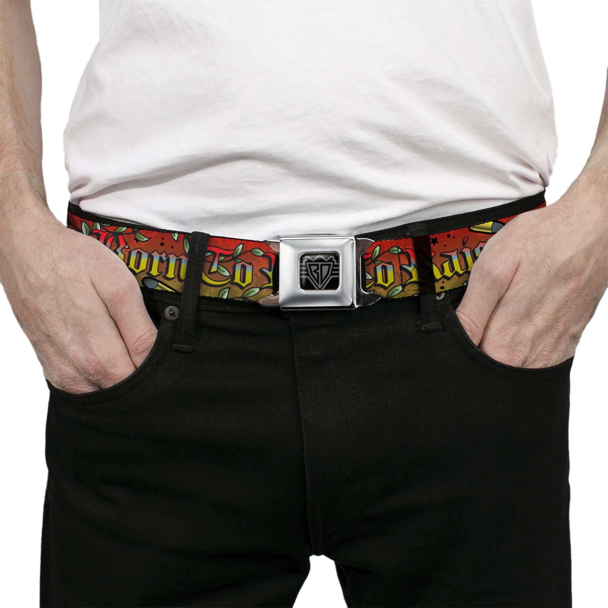 BD Wings Logo CLOSE-UP Full Color Black Silver Seatbelt Belt - Born to Raise Hell Red Webbing
