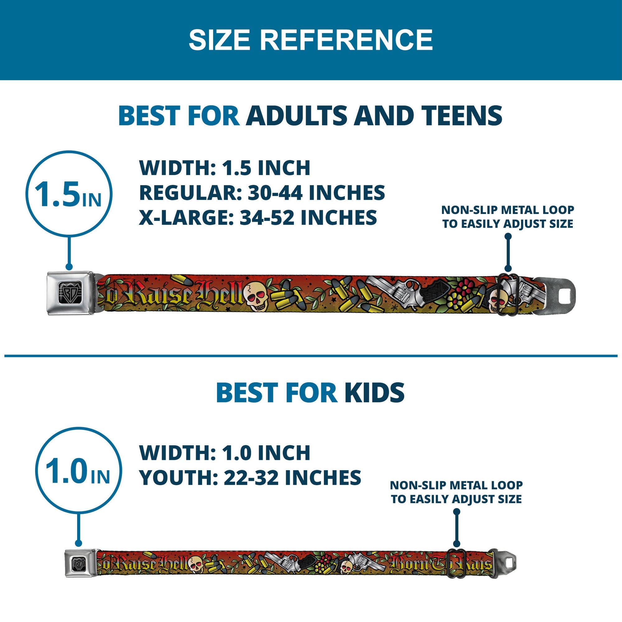 BD Wings Logo CLOSE-UP Full Color Black Silver Seatbelt Belt - Born to Raise Hell Red Webbing