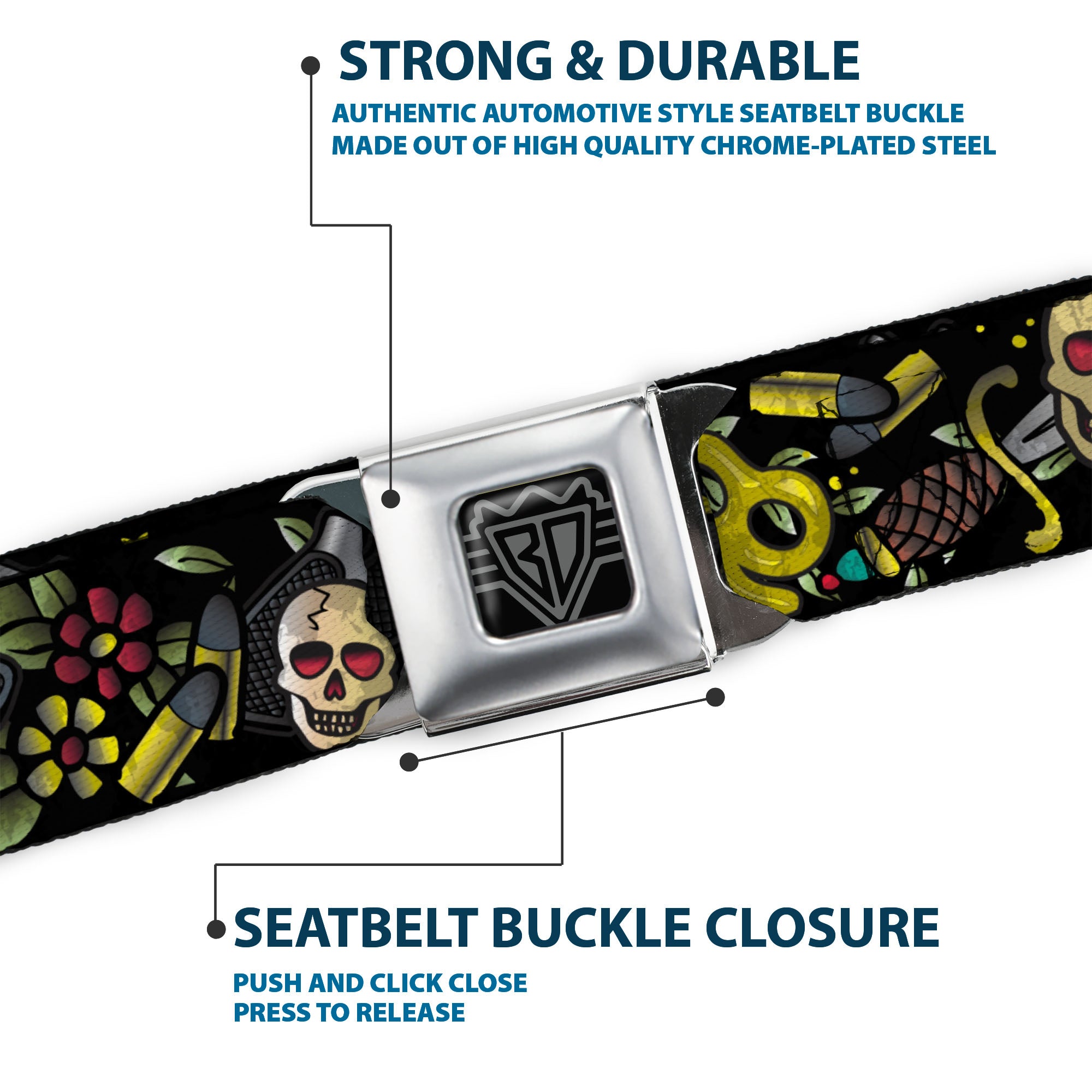 BD Wings Logo CLOSE-UP Full Color Black Silver Seatbelt Belt - Born to Raise Hell CLOSE-UP Black Webbing