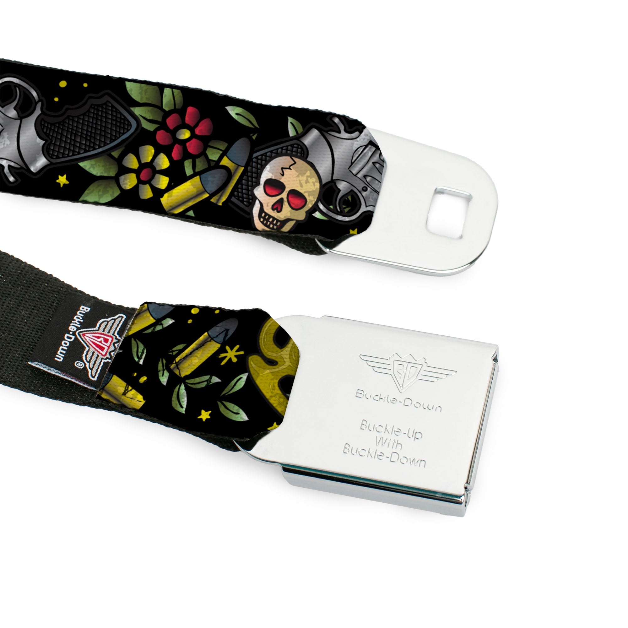 BD Wings Logo CLOSE-UP Full Color Black Silver Seatbelt Belt - Born to Raise Hell CLOSE-UP Black Webbing