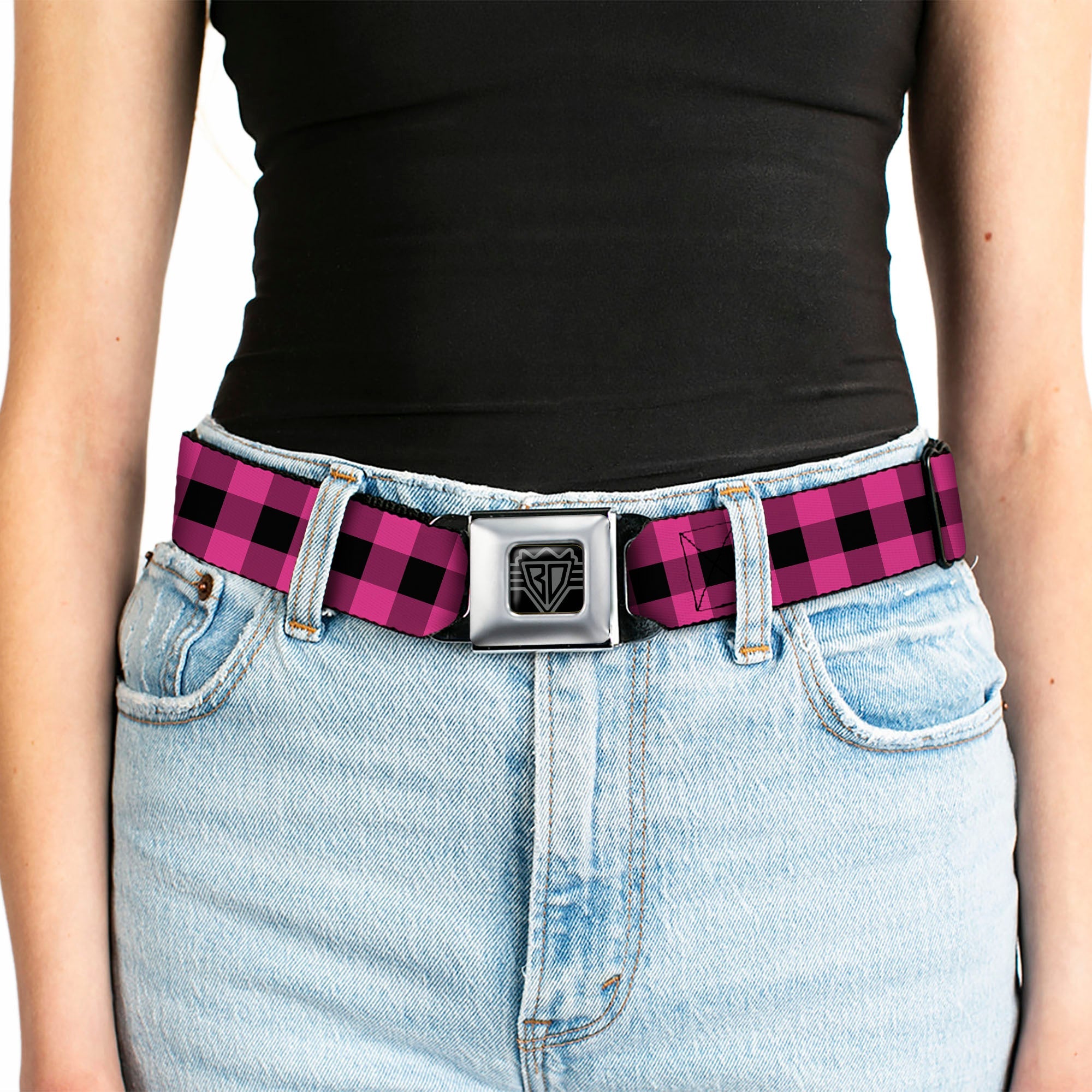 BD Wings Logo CLOSE-UP Full Color Black Silver Seatbelt Belt - Buffalo Plaid Black/Fuchsia Webbing