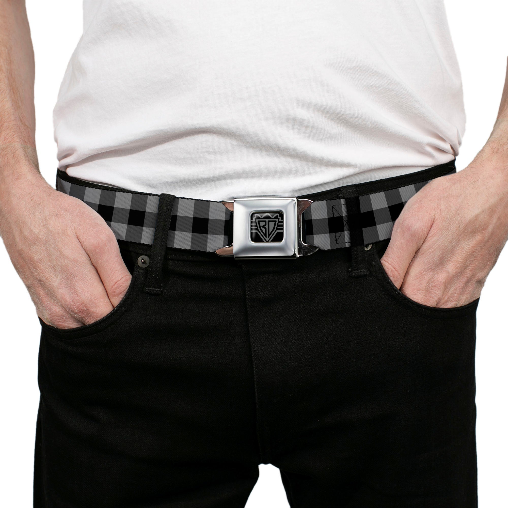 BD Wings Logo CLOSE-UP Full Color Black Silver Seatbelt Belt - Buffalo Plaid Black/Gray Webbing