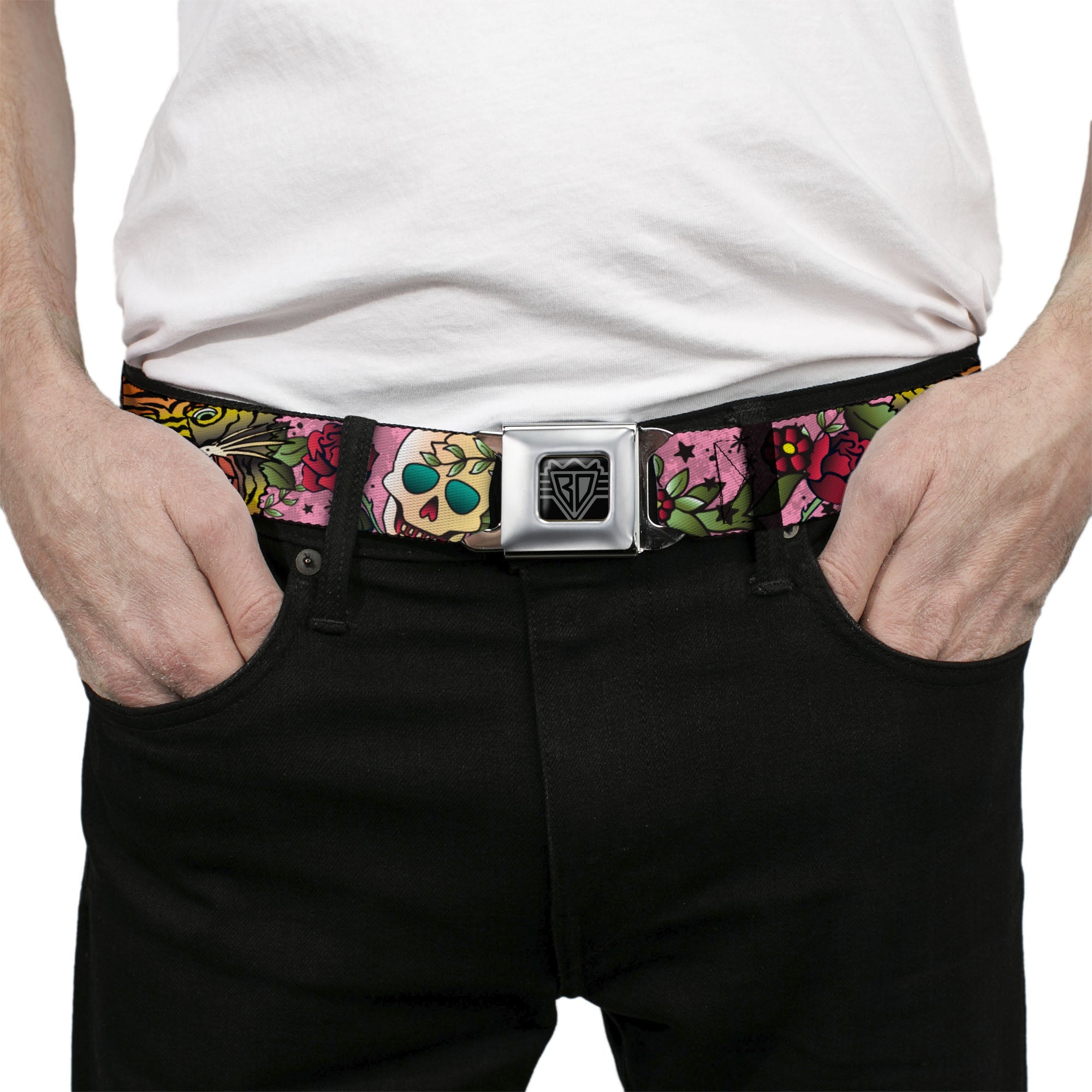 BD Wings Logo CLOSE-UP Full Color Black Silver Seatbelt Belt - Death Before Dishonor Pink Webbing