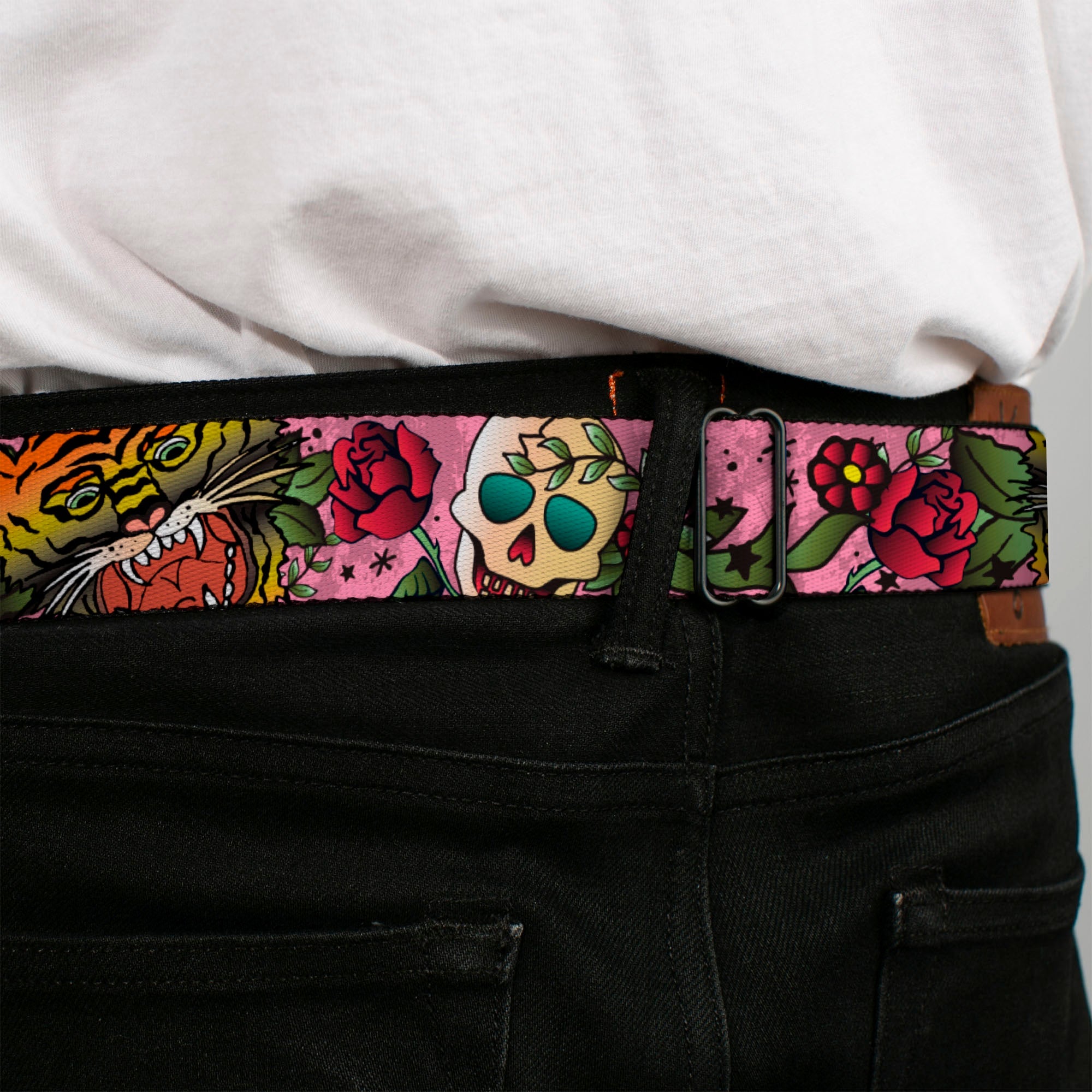 BD Wings Logo CLOSE-UP Full Color Black Silver Seatbelt Belt - Death Before Dishonor Pink Webbing