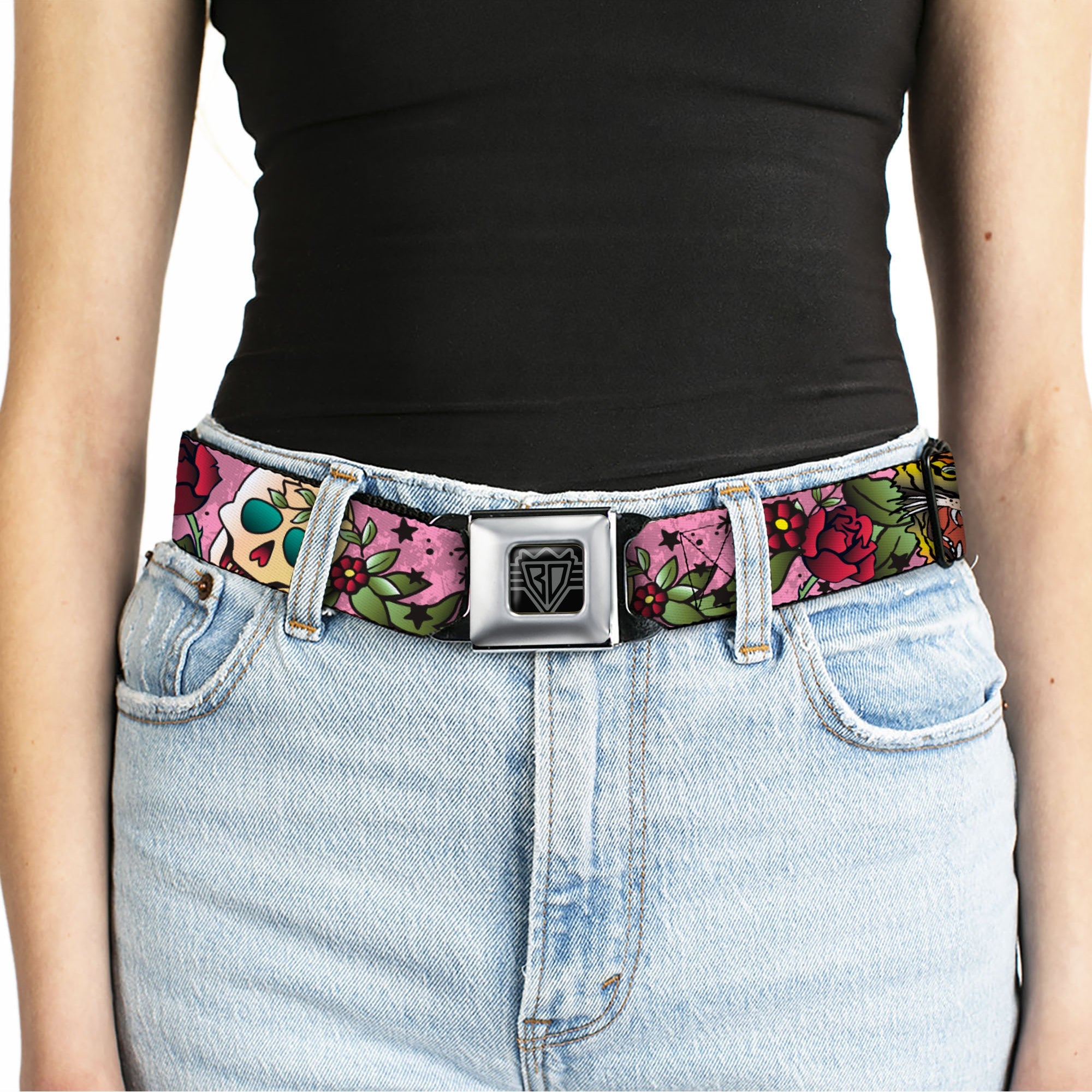 BD Wings Logo CLOSE-UP Full Color Black Silver Seatbelt Belt - Death Before Dishonor Pink Webbing