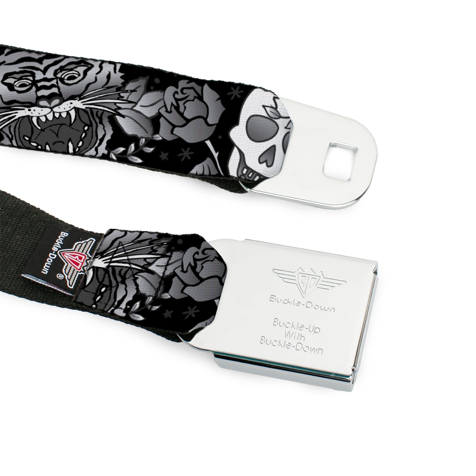 BD Wings Logo CLOSE-UP Full Color Black Silver Seatbelt Belt - Death Before Dishonor Black/White Webbing