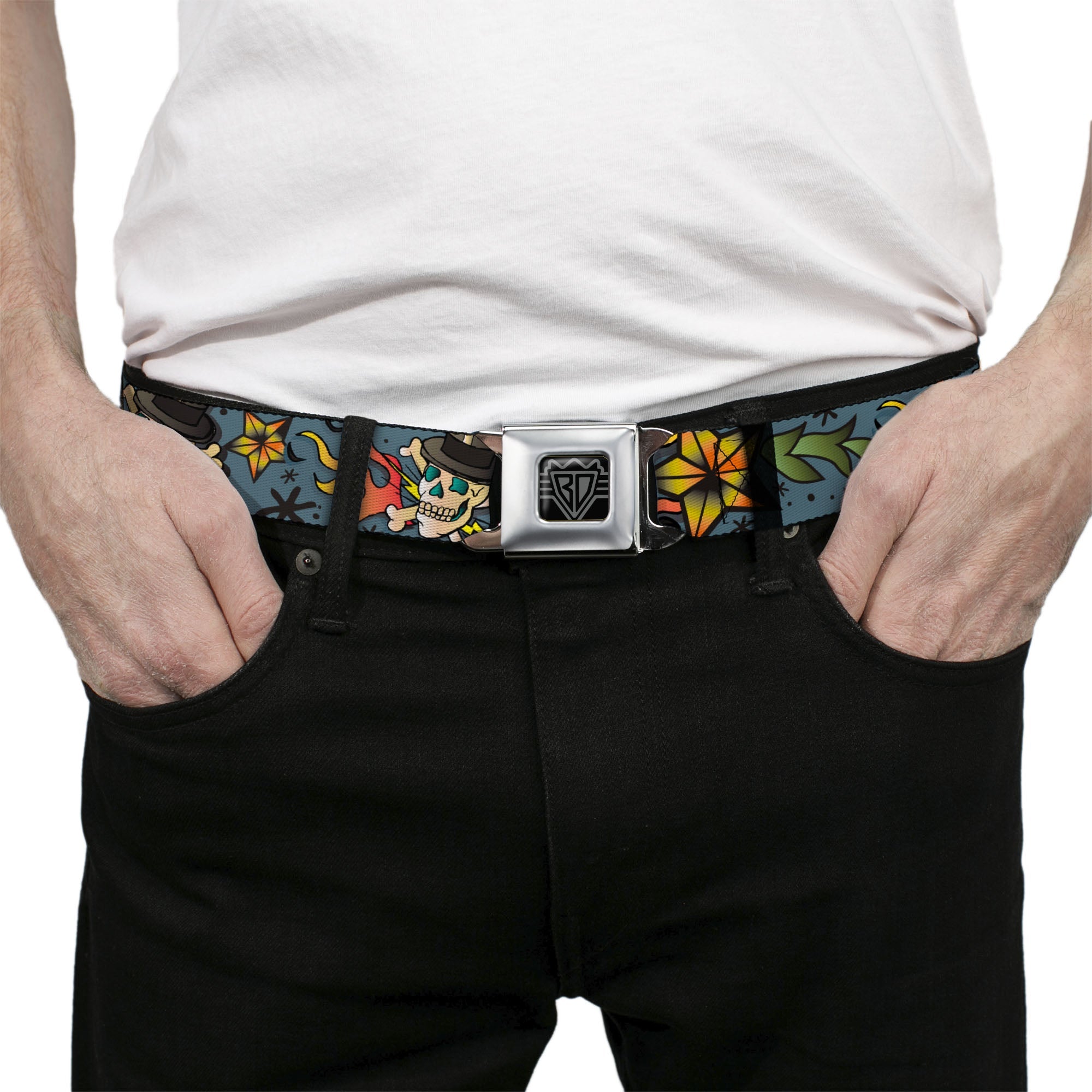 BD Wings Logo CLOSE-UP Full Color Black Silver Seatbelt Belt - Death or Glory CLOSE-UP Gray Webbing