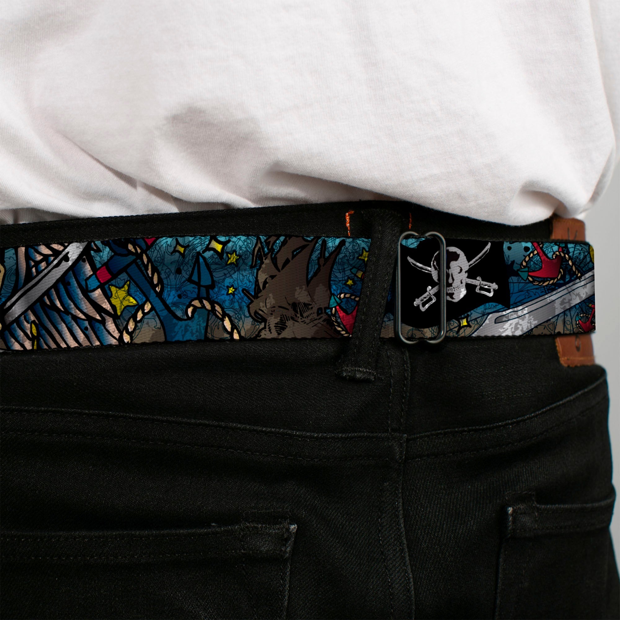BD Wings Logo CLOSE-UP Full Color Black Silver Seatbelt Belt - Dead Men Tell No Tales CLOSE-UP Turquoise Webbing