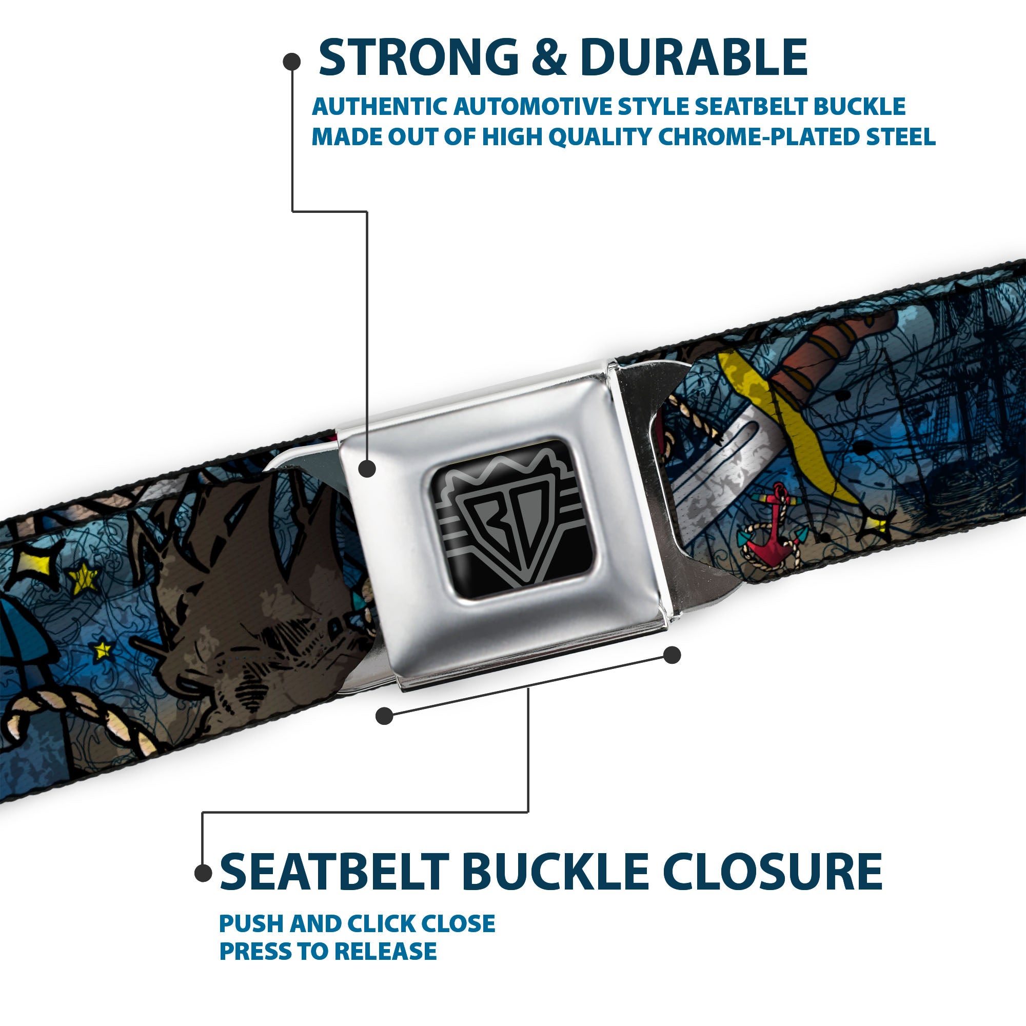 BD Wings Logo CLOSE-UP Full Color Black Silver Seatbelt Belt - Dead Men Tell No Tales CLOSE-UP Turquoise Webbing