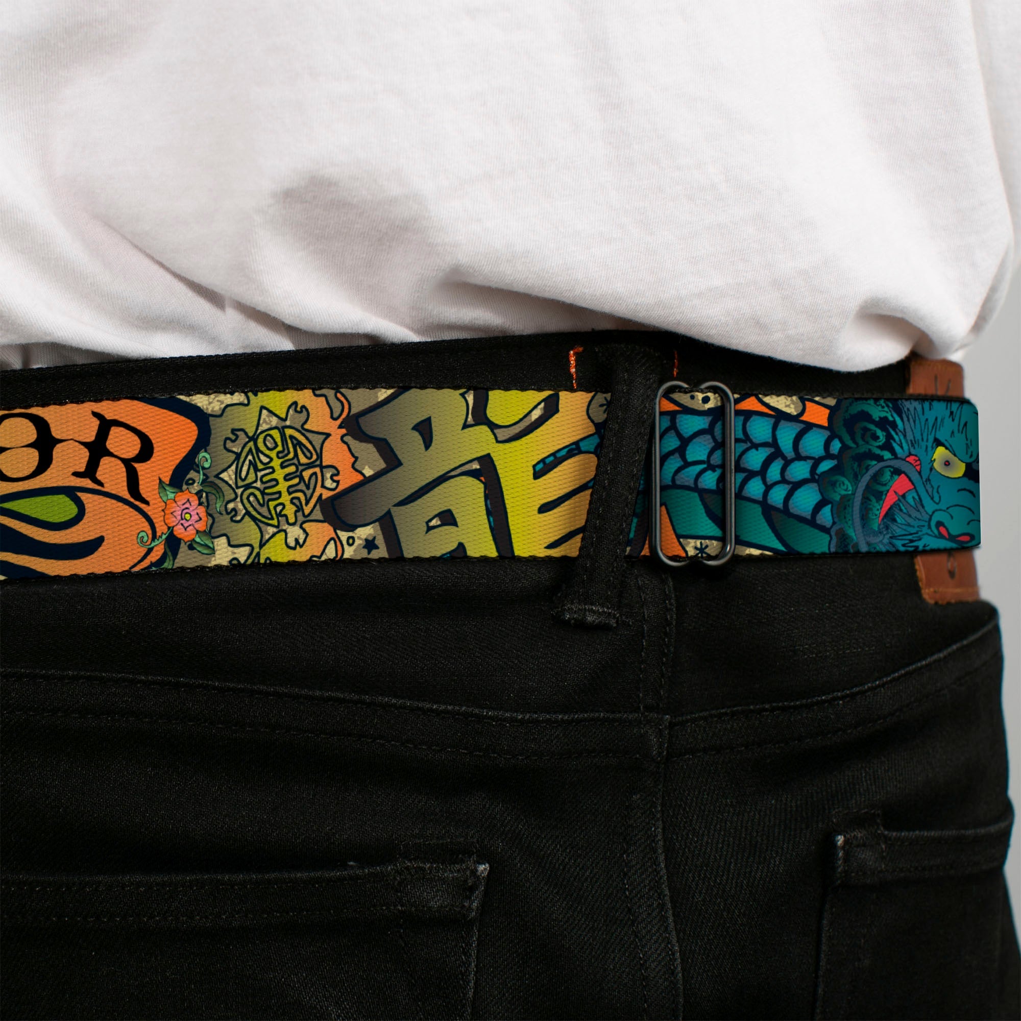 BD Wings Logo CLOSE-UP Full Color Black Silver Seatbelt Belt - Honor Tan Webbing