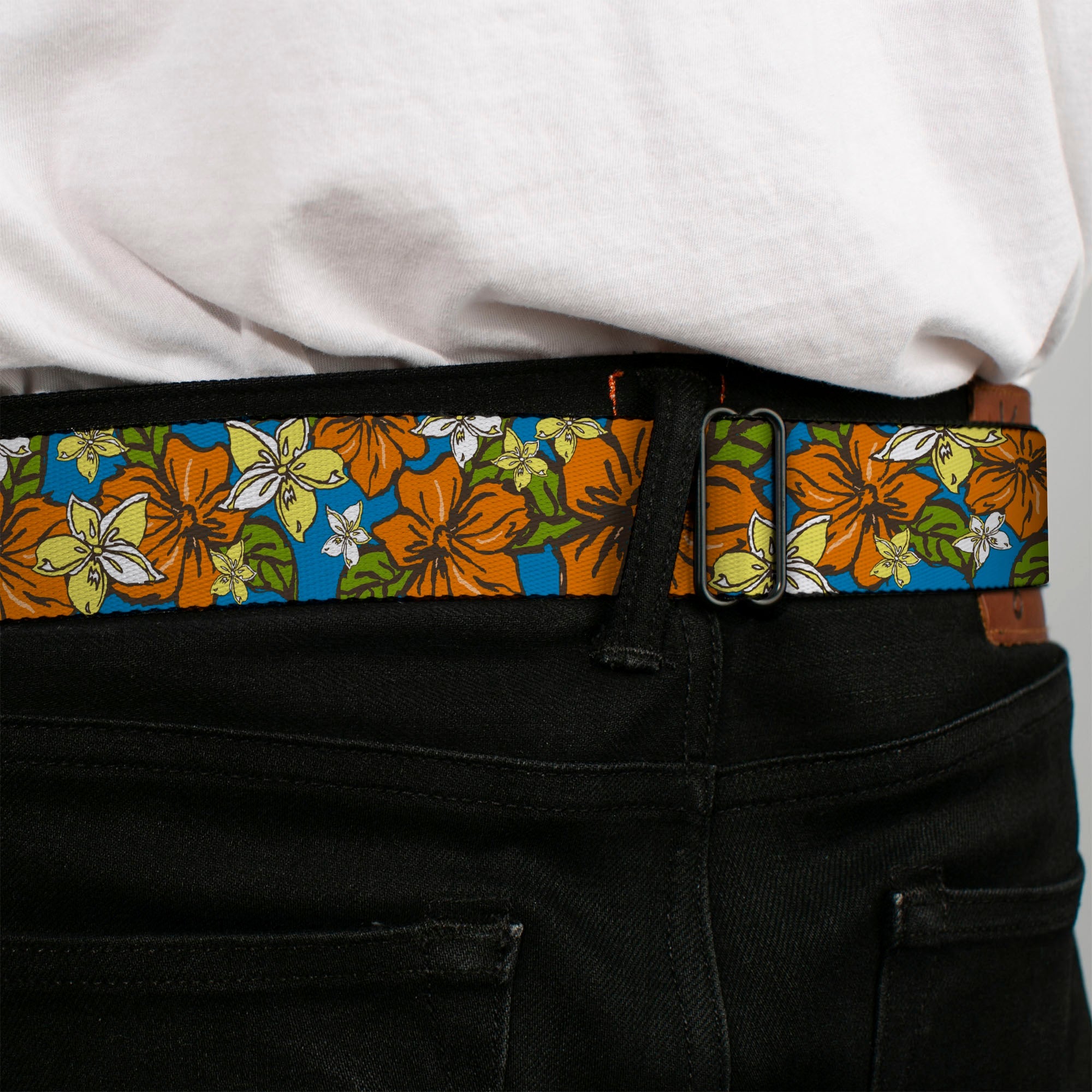 BD Wings Logo CLOSE-UP Full Color Black Silver Seatbelt Belt - Hibiscus Collage Blue/Orange/Yellow Webbing