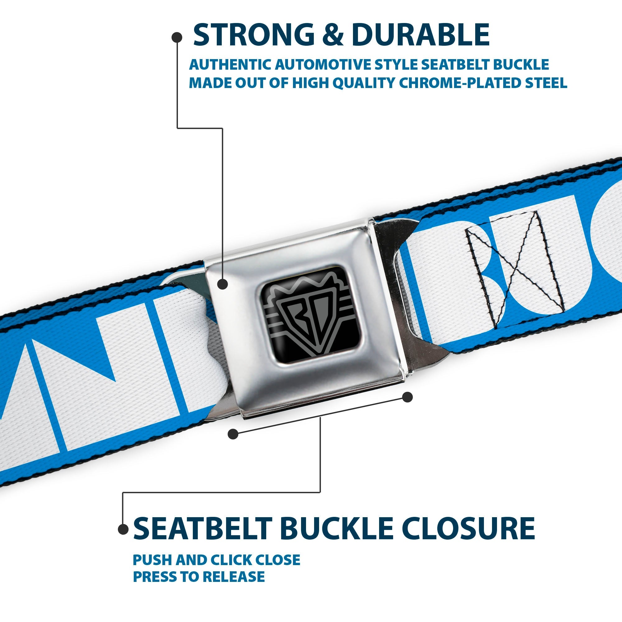 BD Wings Logo CLOSE-UP Full Color Black Silver Seatbelt Belt - BUCKLE-DOWN Shapes Turquoise/White Webbing