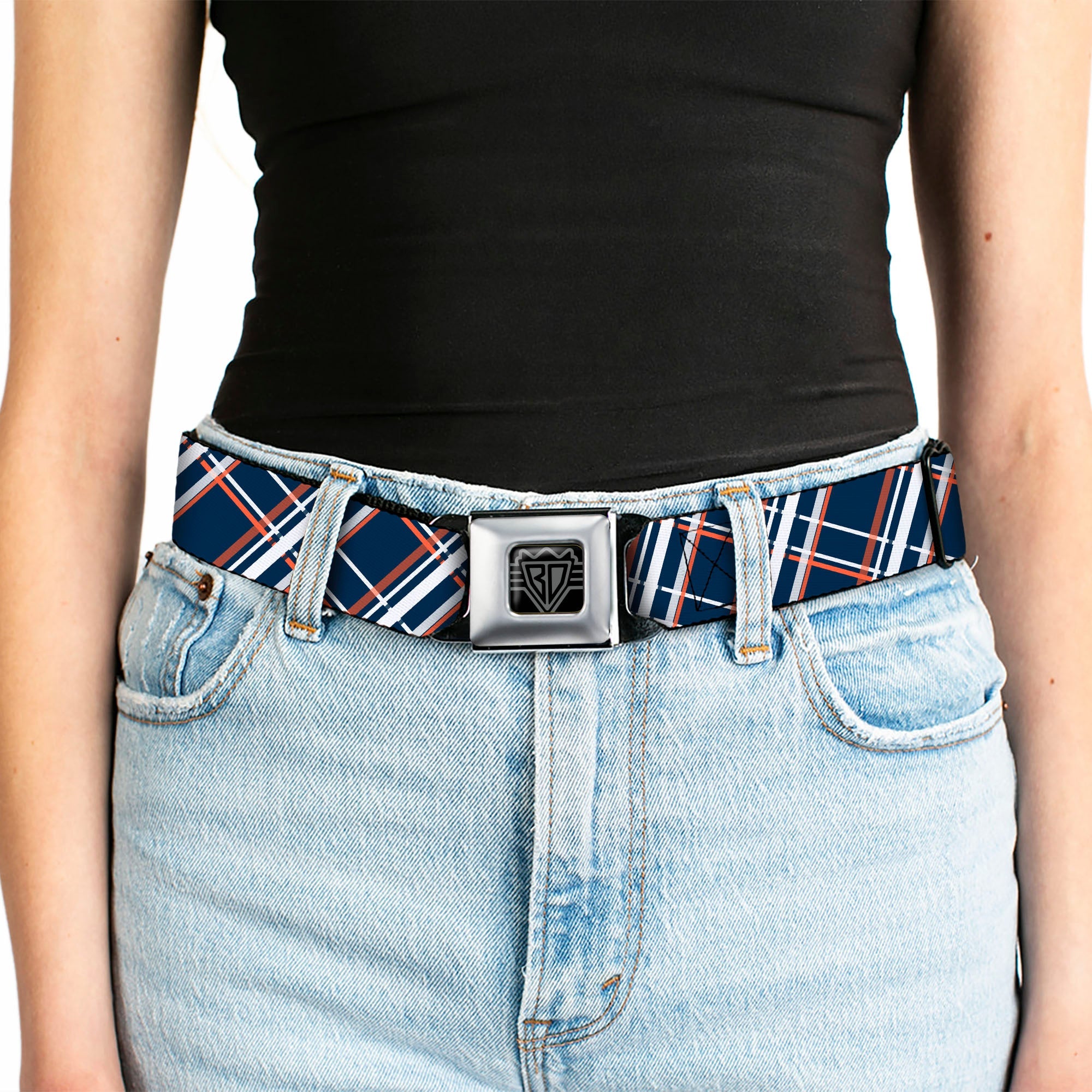 BD Wings Logo CLOSE-UP Full Color Black Silver Seatbelt Belt - Plaid X2 Navy/White/Orange Webbing