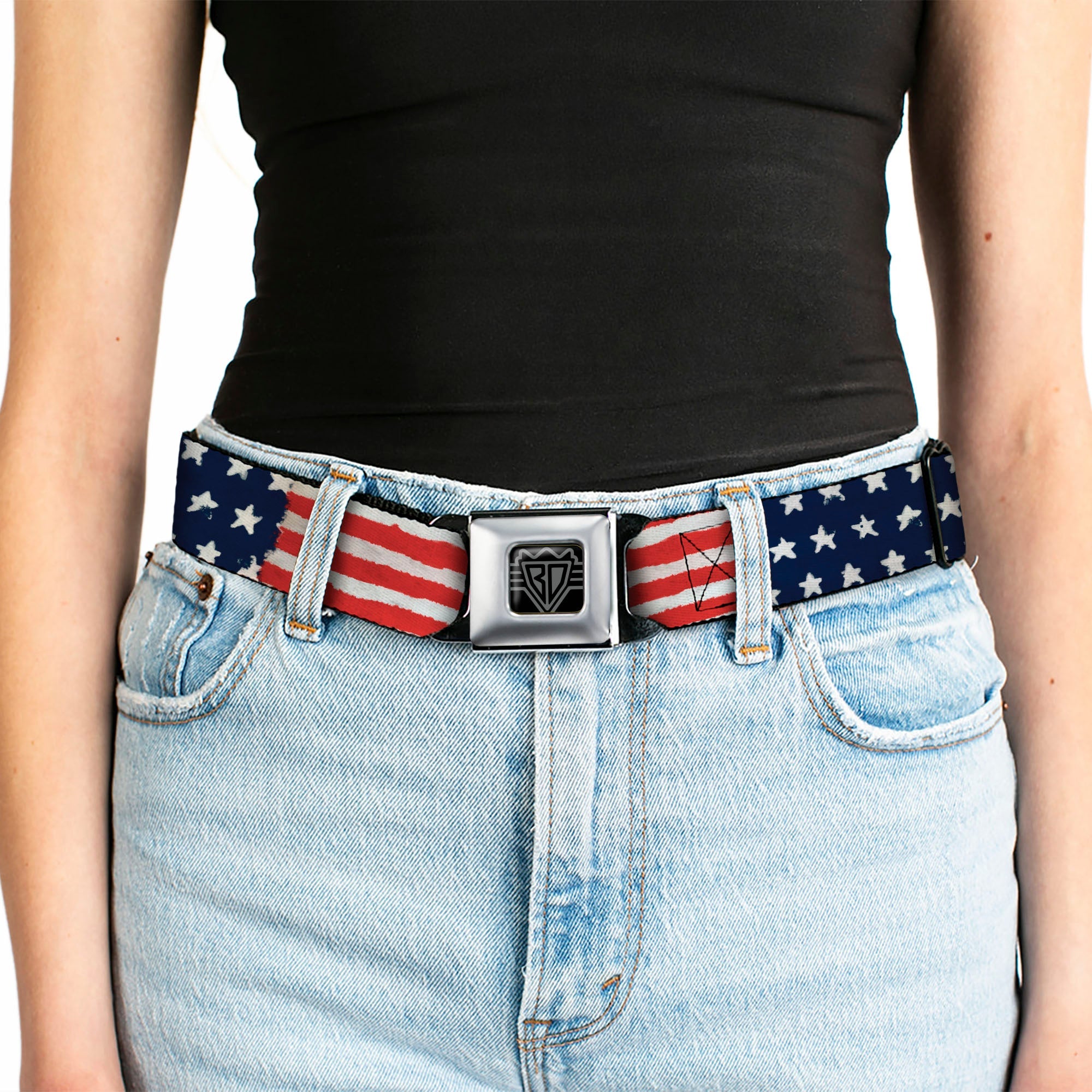 BD Wings Logo CLOSE-UP Full Color Black Silver Seatbelt Belt - Stars & Stripes Painting Webbing
